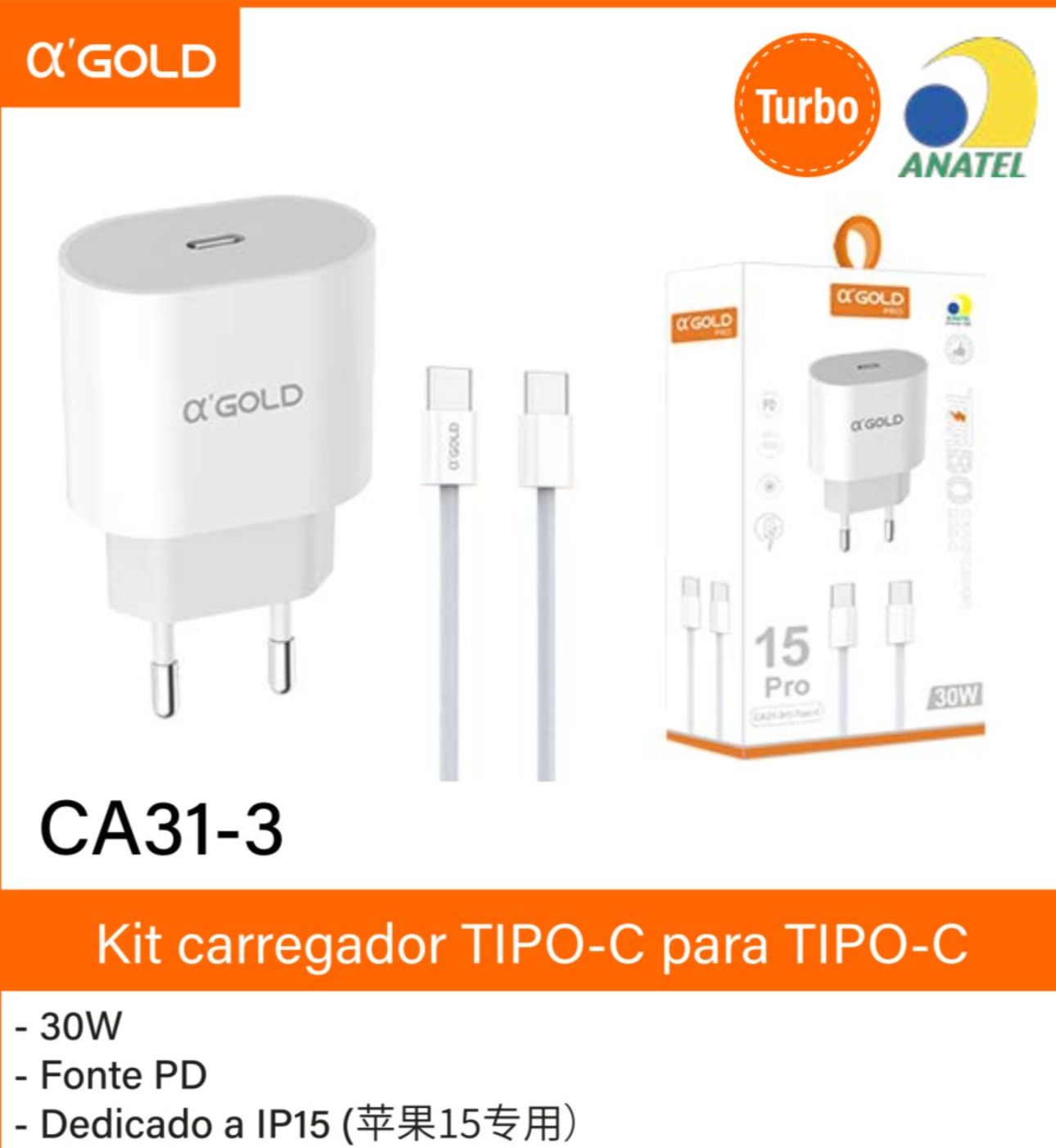 KIT CARREGADOR TIPO C / TIPO C / CA 31-3 GOLD