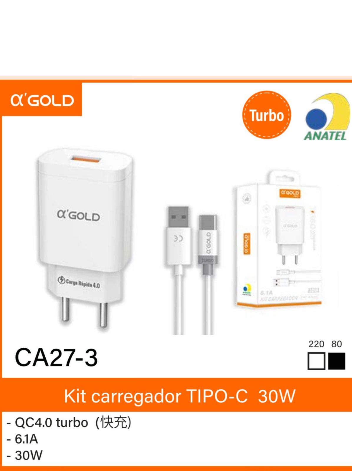 KIT CARREGADOR USB/TIPO C / CA 27-3 BRANCO  GOLD