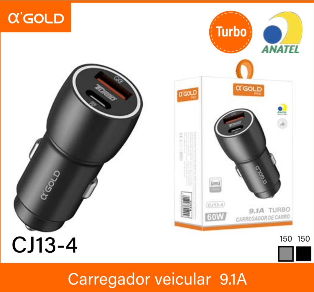 CARREGADOR VEICULAR TURBO UBS/ TIPO C GOLD PRETO