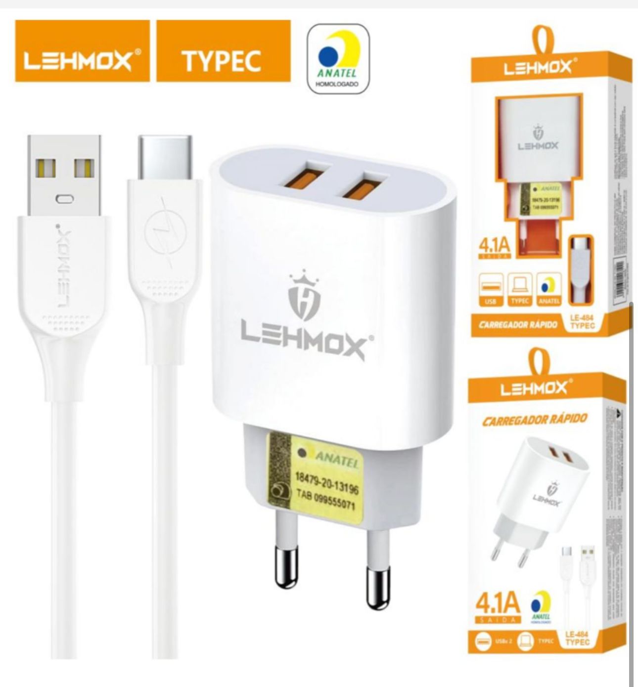 KIT CARREGADOR RAPIDO LE-484 USB/ TIPO C 4,1A LEHMOX